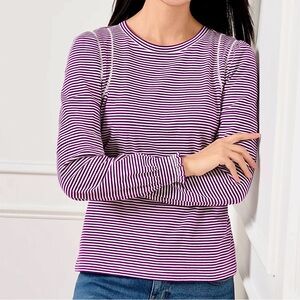 Talbots Lattice Trim Crew Neck Tee Women’s Sz XL Pullover Smocked Sleeves Stripe